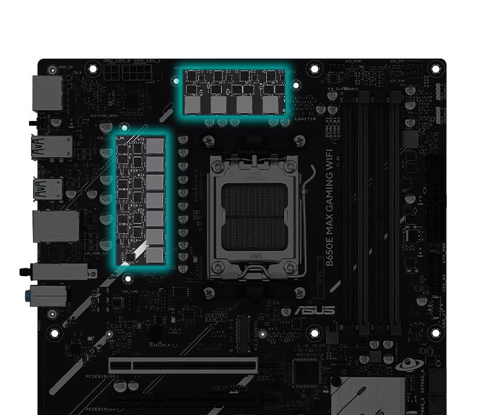 The B650E MAX GAMING WIFI motherboard features Digital Power Design. 